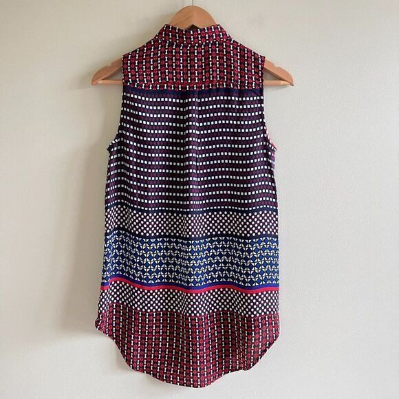 ANN TAYLOR BUTTON FRONT TANK TOP PRINTED WOMENS SIZE XS SEMI SHEER COLLARED NECK - Picture 7 of 7